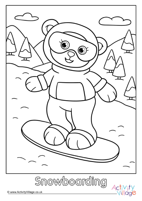 Snowboarding Teddy Bear Colouring Page 2