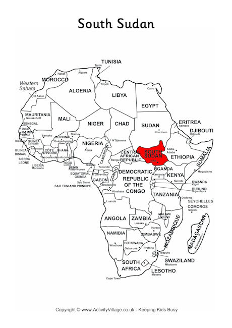 South Sudan on map of Africa