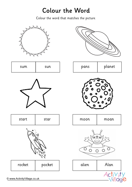 Space colour the word worksheet