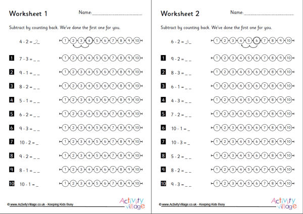 Subtraction by counting back worksheets set 1