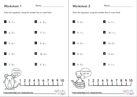 Subtraction by counting back worksheets set 2