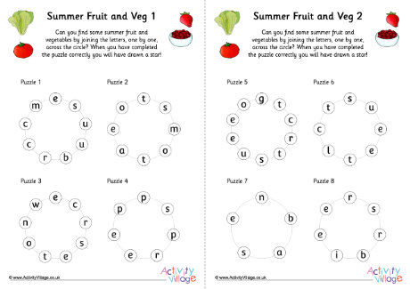 Summer fruit and veg word star puzzles