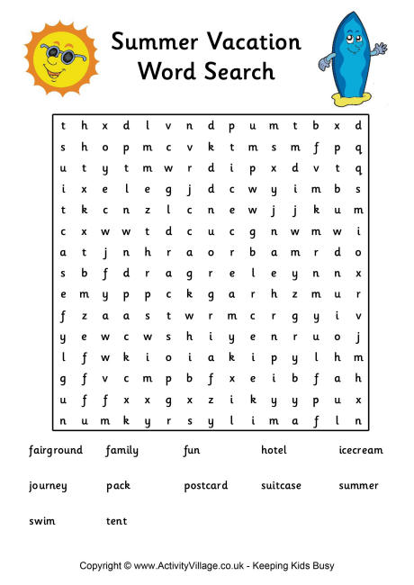 Summer vacation word search - Difficult