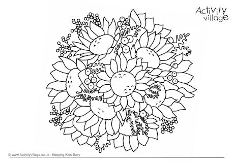 Sunflower bouquet colouring page