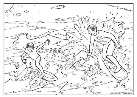 Surfing colouring page