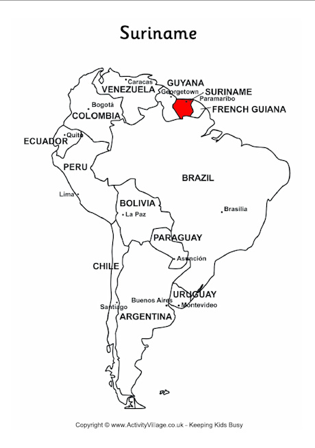 Suriname on map of South America