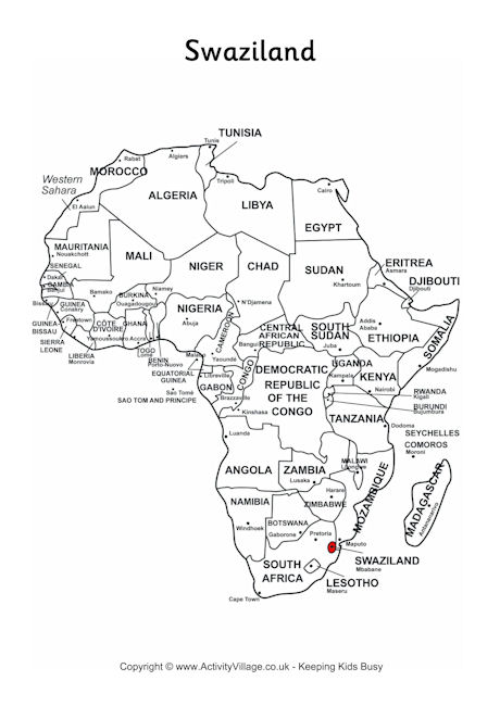Swaziland on map of Africa