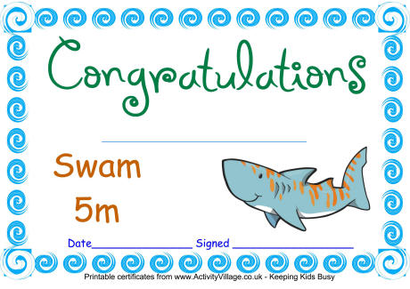 Swimming certificate 5m shark