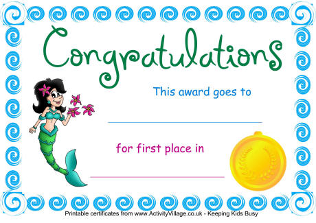 Swimming certificate first place mermaid