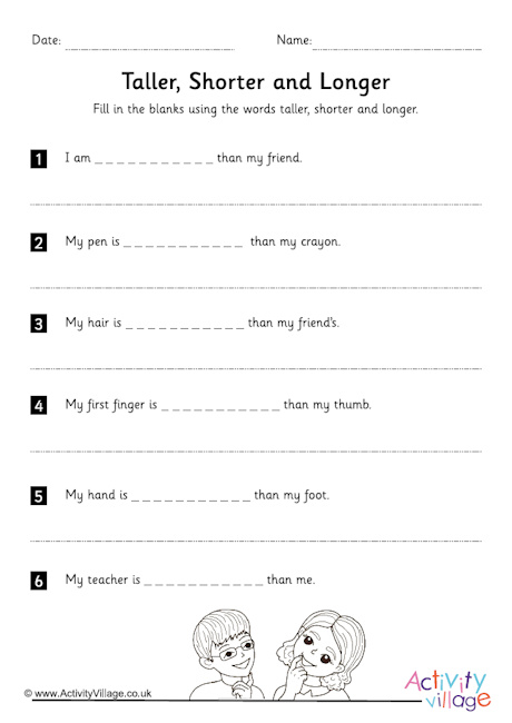 Taller, longer and shorter worksheet