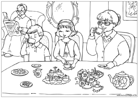 Tea with grandparents colouring page