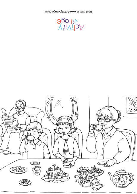Tea with grandparents colouring card Tea with grandparents colouring card