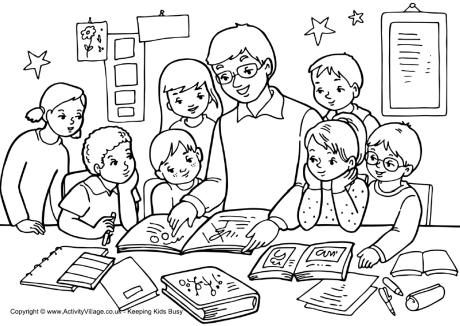 Teacher and children colouring page