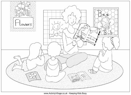 Teacher reading colouring page
