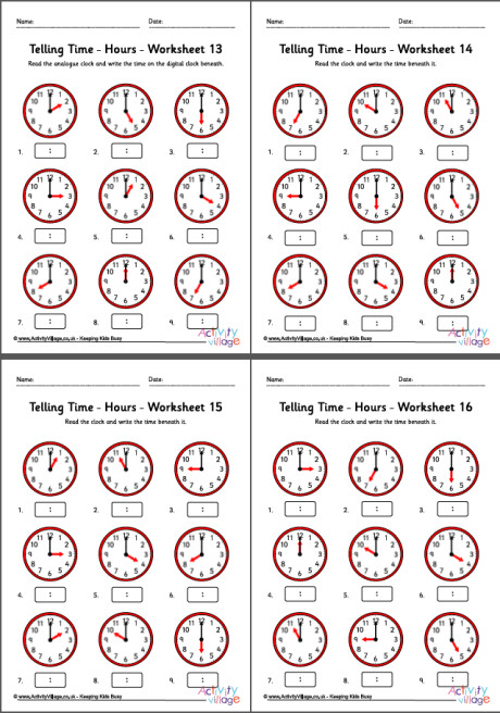 Telling time worksheets - hours - pack 4 Telling time worksheets - hours - pack 4