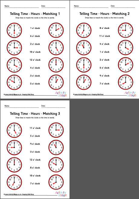 Telling time worksheets - hours - pack 5