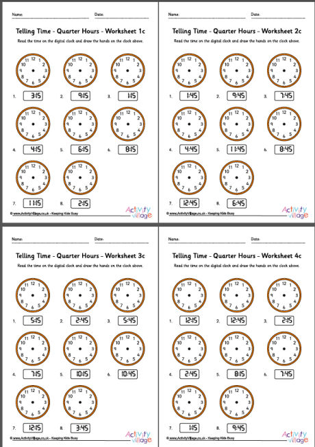Telling time worksheets - quarter hours - pack 3