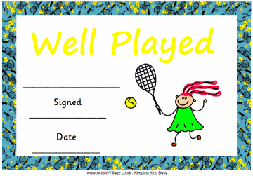 Tennis certificate - well played (girl)