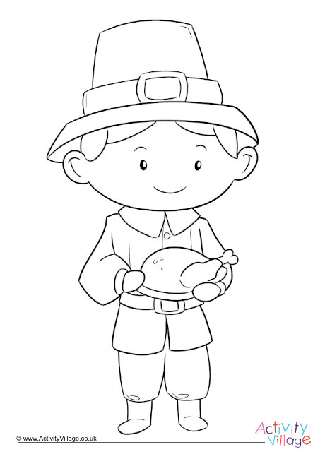 Thanksgiving Boy With Turkey Colouring Page