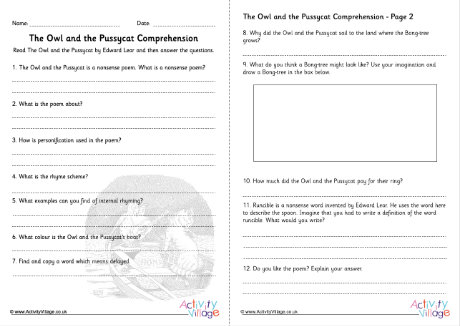 The Owl and the Pussycat comprehension questions The Owl and the Pussycat comprehension questions