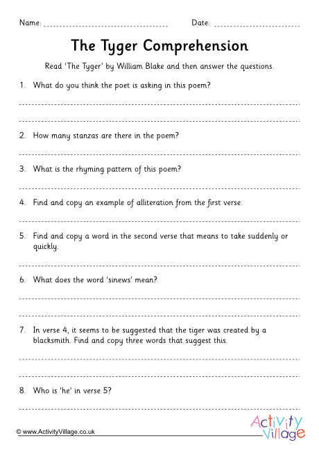 The Tyger comprehension questions The Tyger comprehension questions