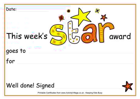 This weeks star award certificate