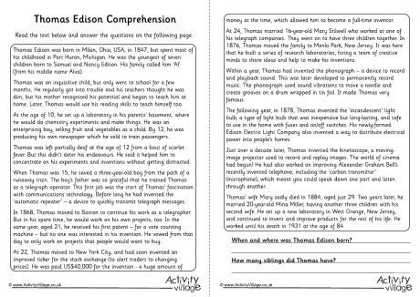 Thomas Edison Comprehension