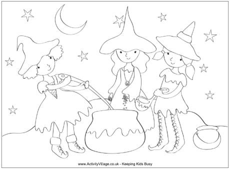 Three witches colouring page