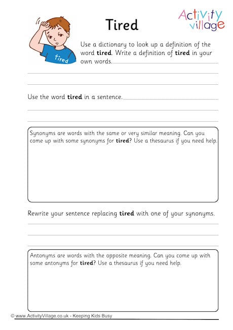 Tired Vocabulary Worksheet