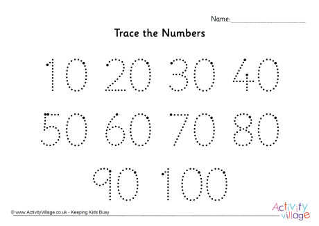 Trace the numbers 10 to 100 dotted