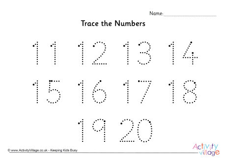Trace the numbers 11 to 20 dotted