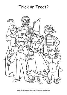 Halloween colouring page, trick or treat colouring page