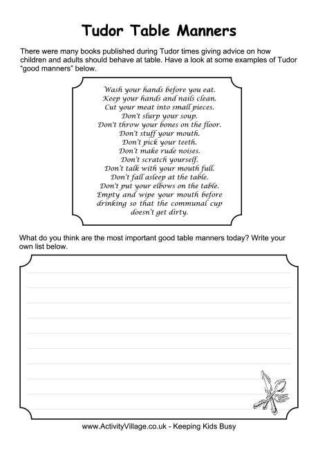 Tudor Table Manners Worksheet Tudor Table Manners Worksheet