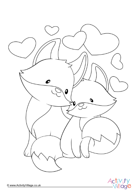 Valentine foxes colouring page