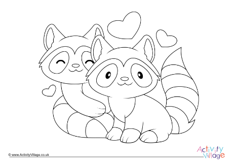 Valentine racoons colouring page