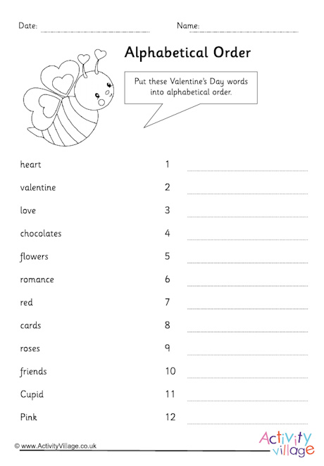Valentine's Day alphabetical order worksheet