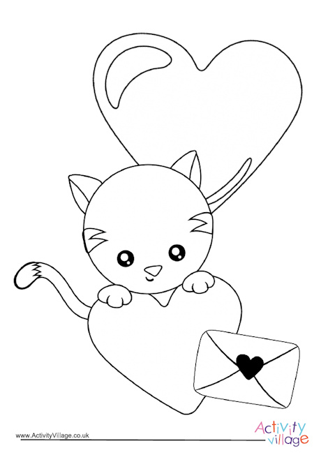 Valentine's Day kitten colouring page
