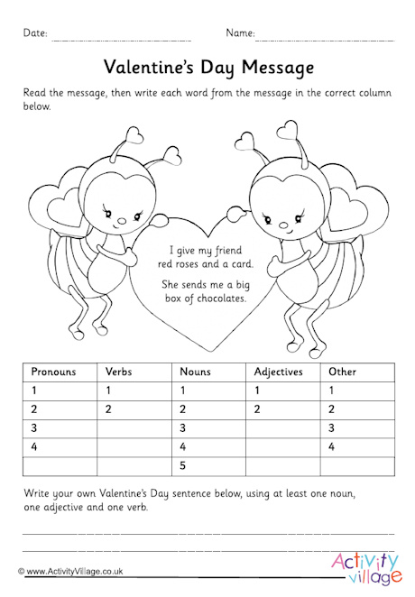 Valentine's Day parts of speech worksheet