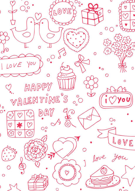 Valentines Day scrapbook paper - doodles 2 white