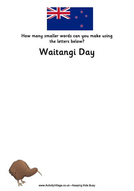 Waitangi Day smaller words puzzle