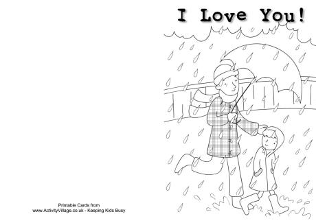 Walking in the rain with dad colouring card