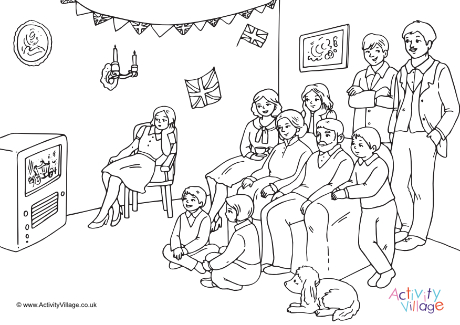 Watching the Queen's coronation colouring page Watching the Queen's coronation colouring page