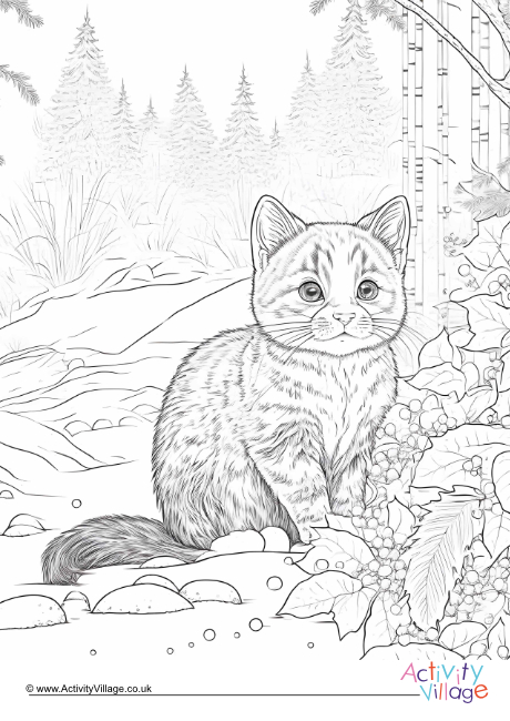 Winter kitten colouring page 1