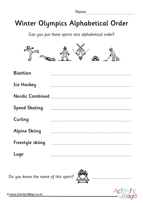 Winter Olympics alphabetical order worksheet 1