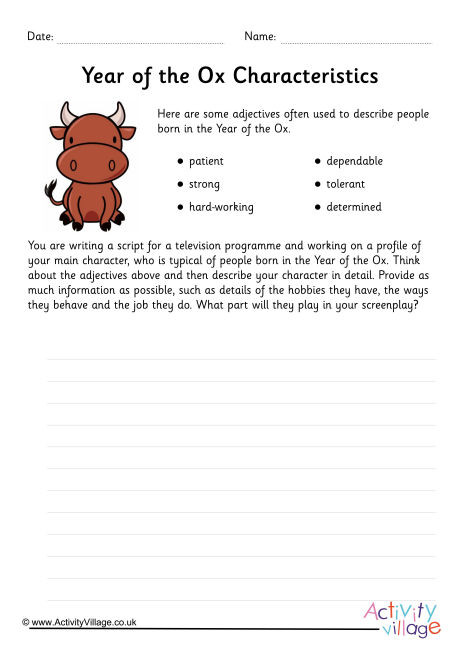 Year of the Ox Character Study Worksheet Year of the Ox Character Study Worksheet