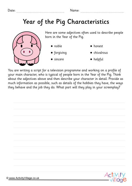 Year of the Pig Character Study Worksheet Year of the Pig Character Study Worksheet
