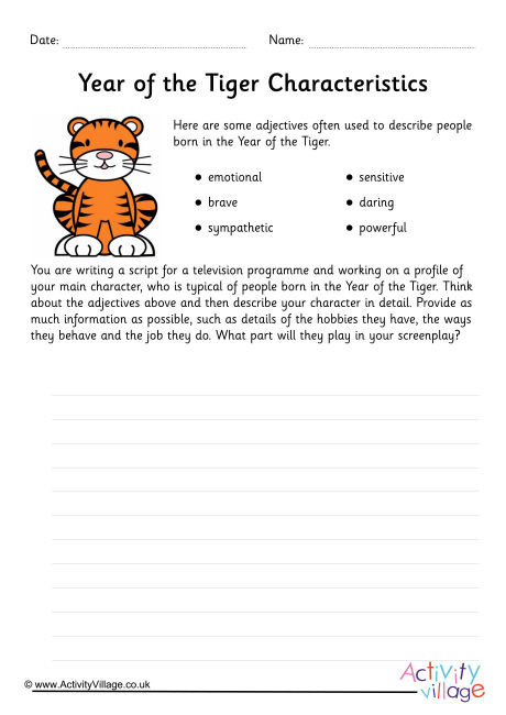 Year of the Tiger Character Study Worksheet Year of the Tiger Character Study Worksheet