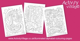 3 New Illuminated Alphabet Colouring Pages and Cards