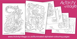 Illuminated Alphabet Colouring Pages J and R