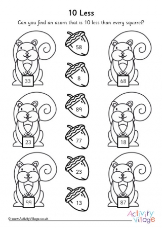 10 Less Worksheet - Squirrels